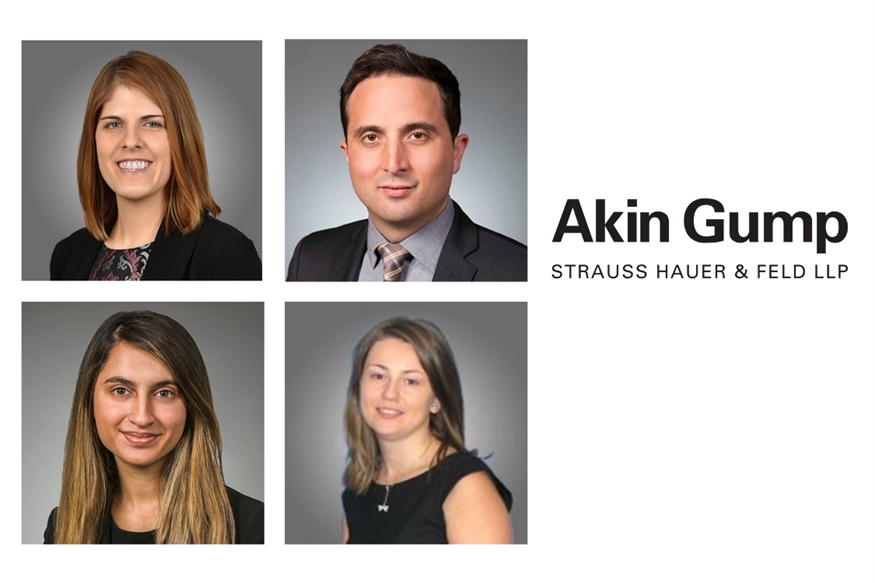 [ai] Four professional headshots of individuals arranged in a grid format. The top two images feature a woman in a black blazer and a man in a suit with a tie. The bottom two images show a woman with long hair and another woman wearing a black top. The company name, "Akin Gump Strauss Hauer & Feld LLP," is displayed on the right.